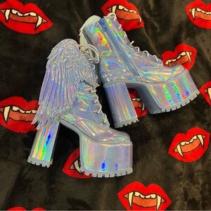 Club Exx x Dolls Kill a ARCTIC ANGEL HOLOGRAPHIC PLATFORM BOOTS